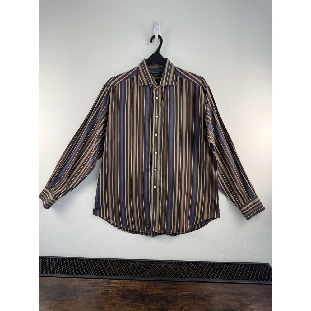 Neiman‎ Marcus Mens XL Brown Blue Stripe Dress Shirt Button Front Long Sleeve
